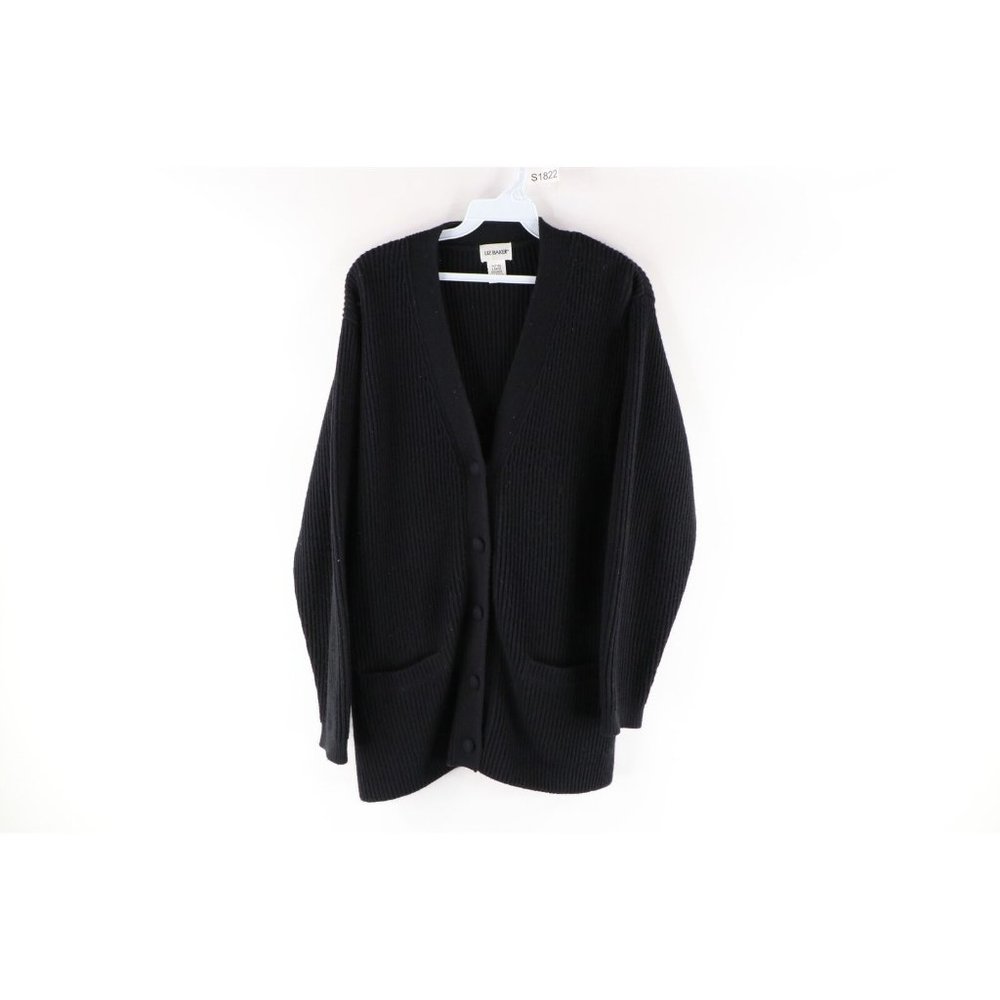 Vtg 90s Grunge Womens Large Petite Blank Knit Kurt Cobain Cardigan Sweater Black